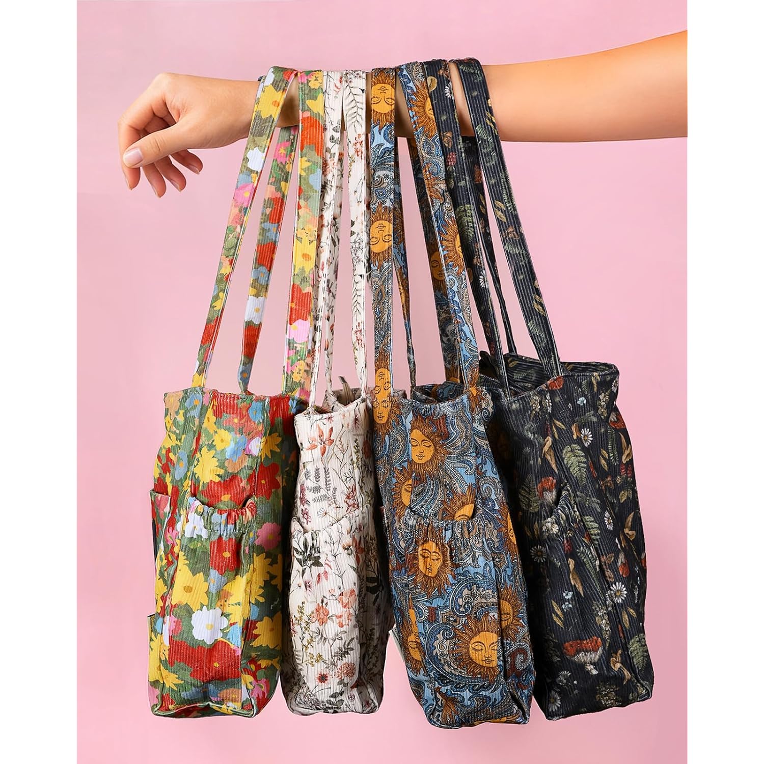 Miss Adola Cute Corduroy Tote Bag for Women - Large Capacity Multi-Pocket Shoulder Bag with Zipper