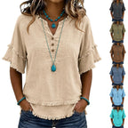 Linen Shirts For Women Summer Raw Hem Gauze Shirts 3/4 Length Sleeve Frayed V Neck Henley Shirt Boho Tunic Blouse