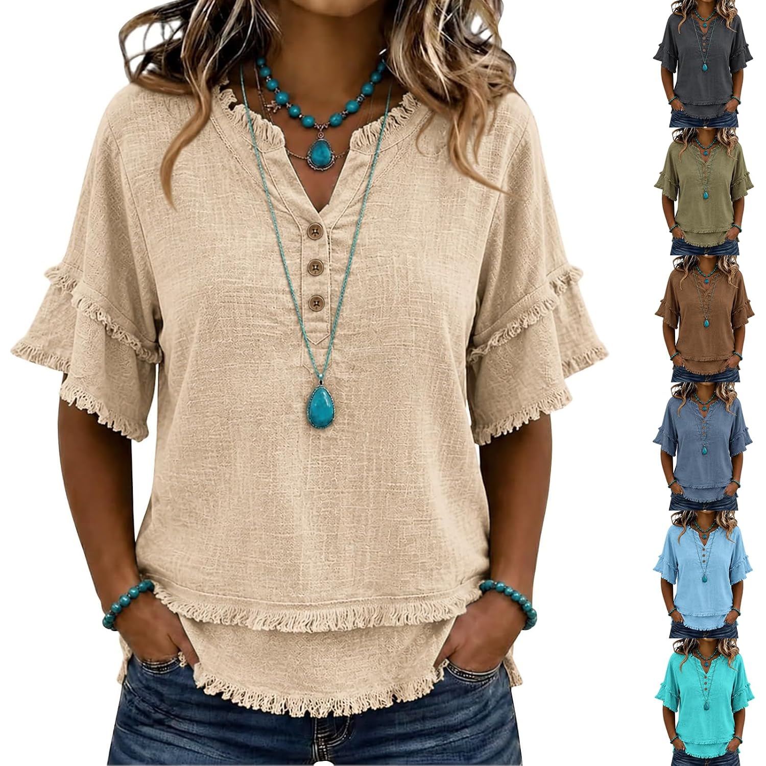 Linen Shirts For Women Summer Raw Hem Gauze Shirts 3/4 Length Sleeve Frayed V Neck Henley Shirt Boho Tunic Blouse