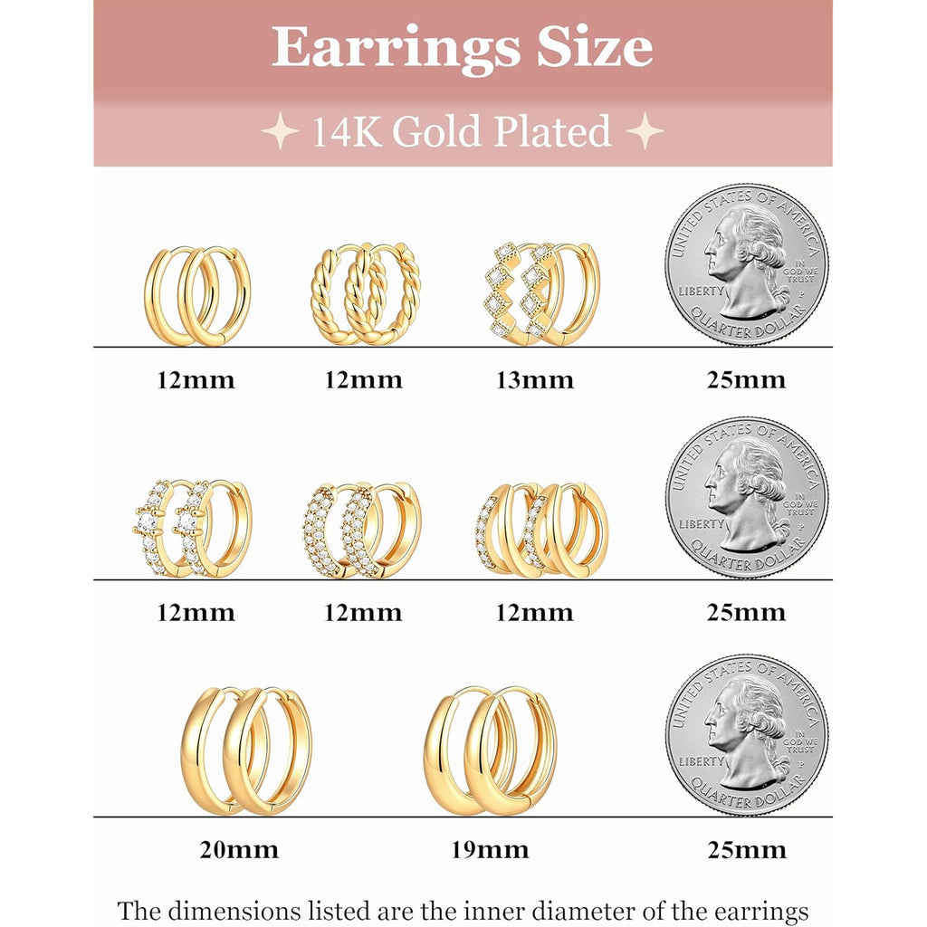 8 Pairs Gold Huggie Hoop Earrings Set for Women, 14K Gold Plated CZ Cartilage Earring for Multiple Piercing, Lightweight Hypoallergenic Small Hoop Stackable Jewelry Gift