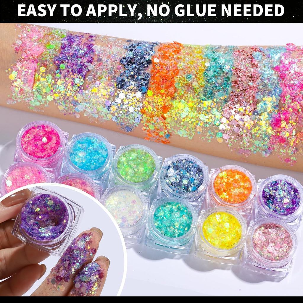 Teenitor 12 Colors Glow in The Dark Glitter Gel, Face Glitter Body Glitter Gel Hair Glitter for UV Black Light Carnival Makeup Raves Festivals