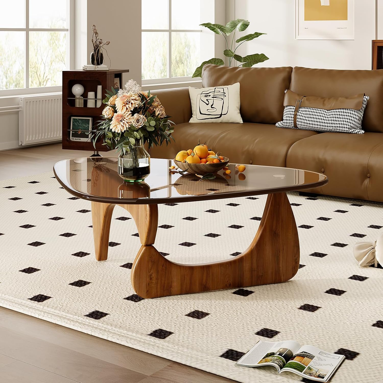 Coffee Table For Living Room Mid Century Modern Center Table With Glass Top And Wood, 32 Inch, Brown/Walnut