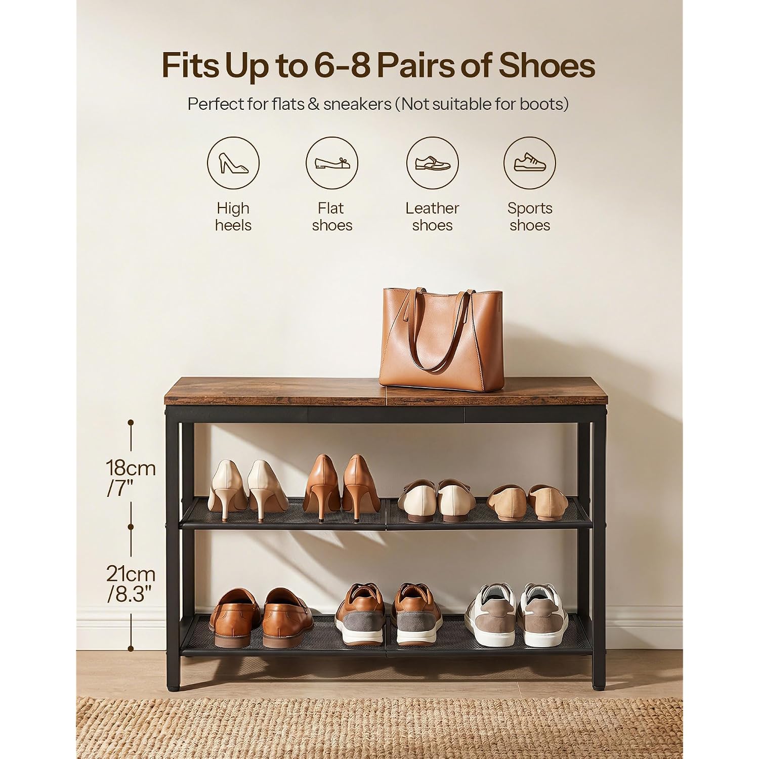 Hoobro Shoe Bench, 3-Tier Shoe Rack, Industrial Shoe Organizer Storage Bench, 29.5 Inches Entry Bench With Mesh Shelves, For Entryway, Living Room, Hallway, Easy Assembly, Rustic Brown Bf75Hx01