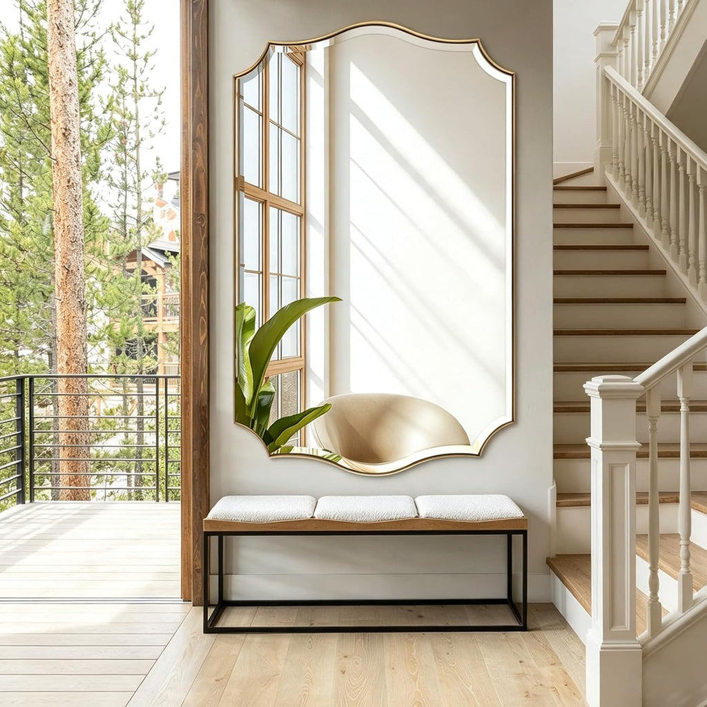 Pozino 48"X30" Large Brushed Gold Scalloped Wall Mirror With Beveled Edge | Stainless Steel Frame Hd Mirror, Horizontal/Vertical Mount, Rectangle Wavy Wall Mirror For Bathroom Vanity Entryway Bedroom
