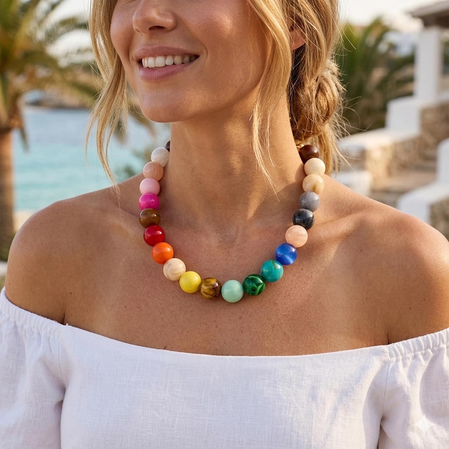 WOWORAMA Colorful Chunky Necklaces for Women 20MM Large Oversized Resin Beaded Necklace Bold Statement Chunky Choker Necklace Boho Summer Jewelry