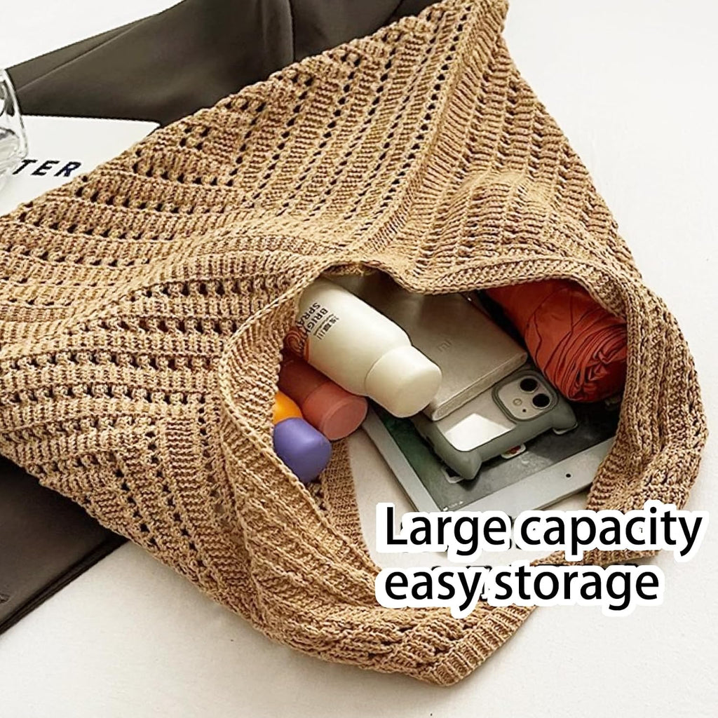 Crochet Beach Tote Bag Summer Vacation Handbags Beach Bag For Women Cute Woven Shoulder Purses Mesh Knit Crochet Bag