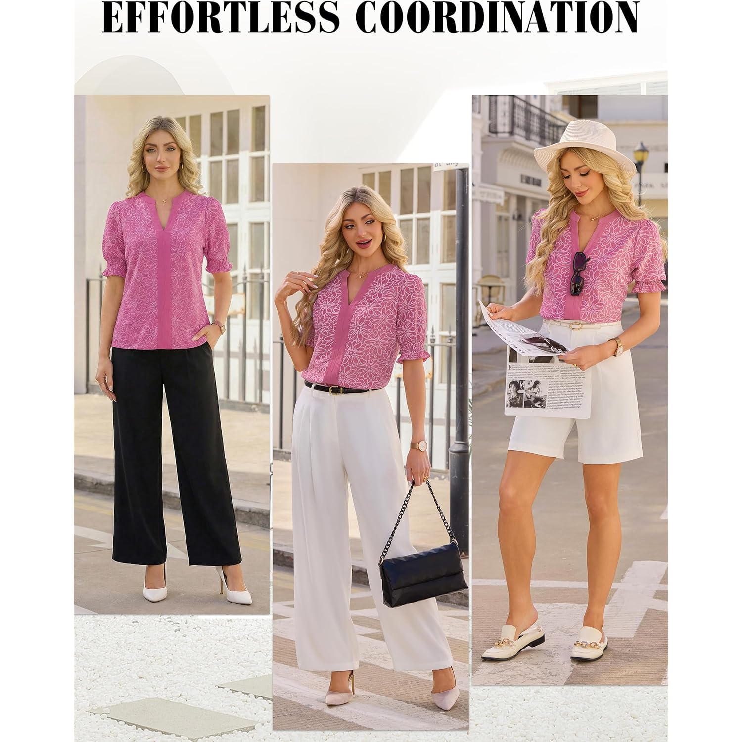 Women Puff Ruffled Sleeves Dressy Casual Blouses Floral Print V Neck Tops Color Blocked Business Work Shirts