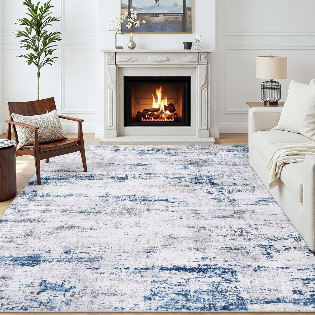 Area Rug Living Room Rugs: 5X7 Large Soft Indoor Carpet Modern Abstract Rug With Non Slip Rubber Backing For Under Dining Table Nursery Home Office Bedroom White Gray Blue