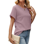 Sampeel Summer Tops For Women 2026 Trendy Rolled Short Sleeve Shirts Waffle Knit Crew Neck Tops Curved Hem Fashion Clothing