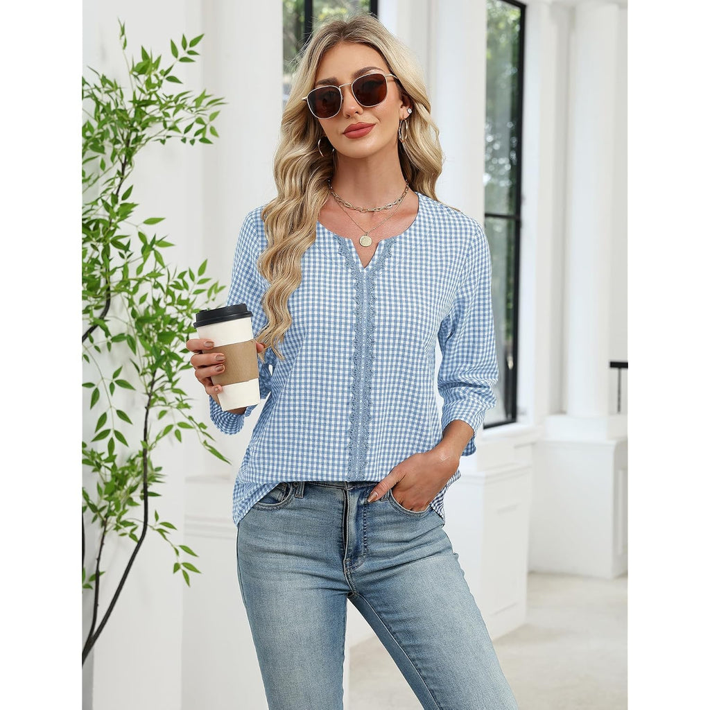 Akewei Womens 3/4 Sleeve Cotton Linen V Neck Lace Tops Casual Loose Fit Summer Fall Boho Fashion Tunic
