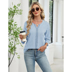 Akewei Womens 3/4 Sleeve Cotton Linen V Neck Lace Tops Casual Loose Fit Summer Fall Boho Fashion Tunic