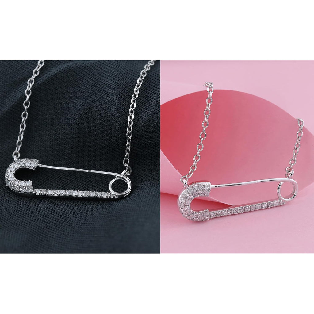 Dazzlingrock Collection Round Natural Diamond or Gemstone Horizontal Safety Pin Pendant for Women with 18 Inch Silver Chain, in Real Solid Gold & 925 Sterling Silver