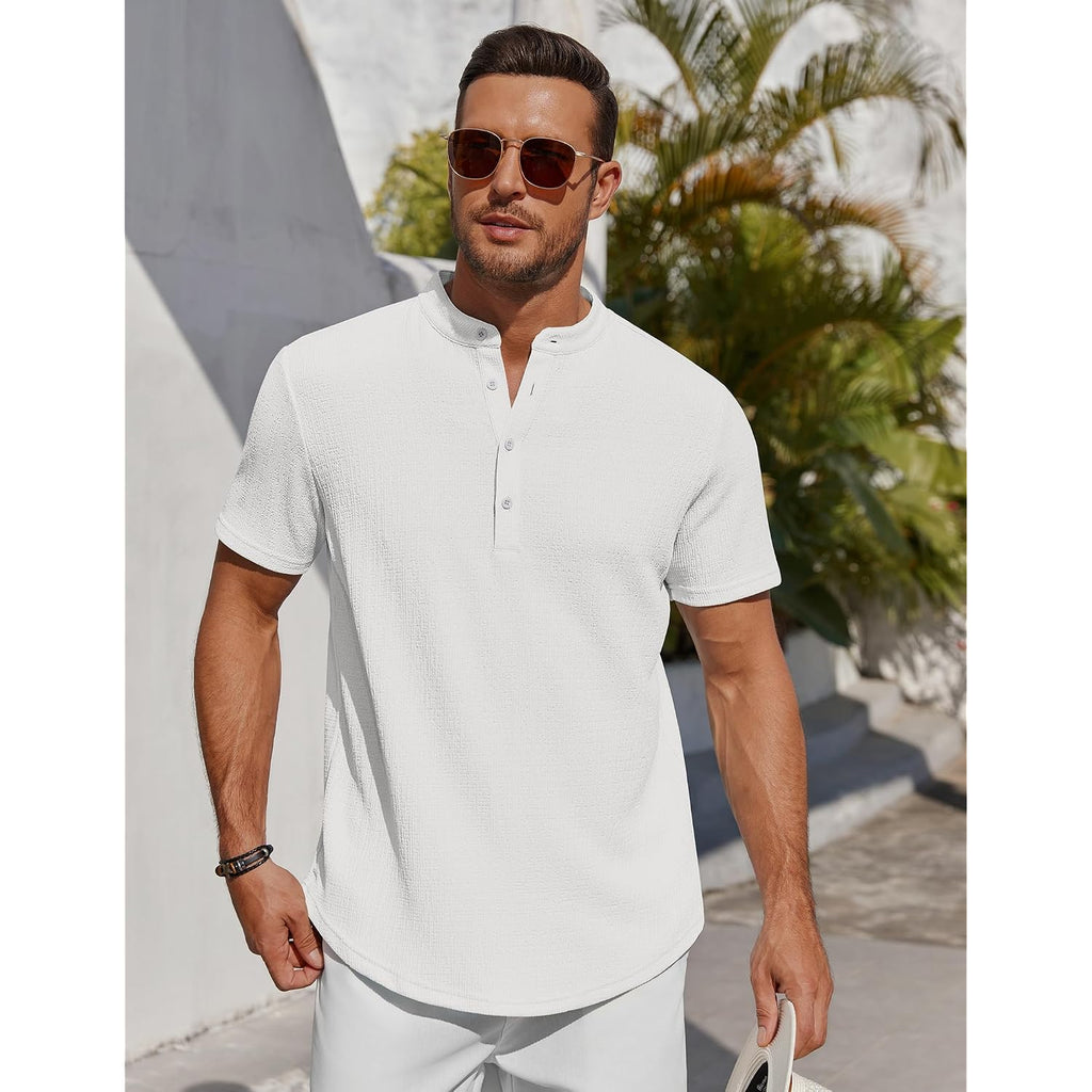 Coofandy Men'S Henley Shirt Short Sleeve Stand Collar Summer Casual Beach Hippie T-Shirts
