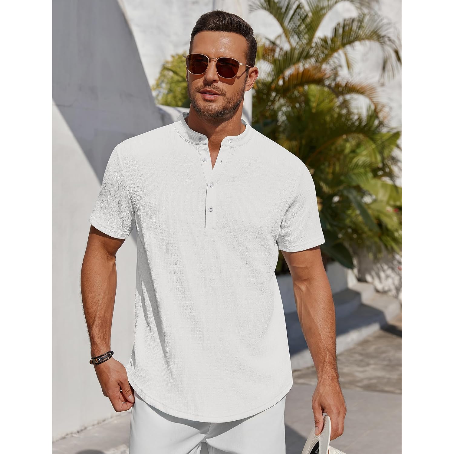 Coofandy Men'S Henley Shirt Short Sleeve Stand Collar Summer Casual Beach Hippie T-Shirts