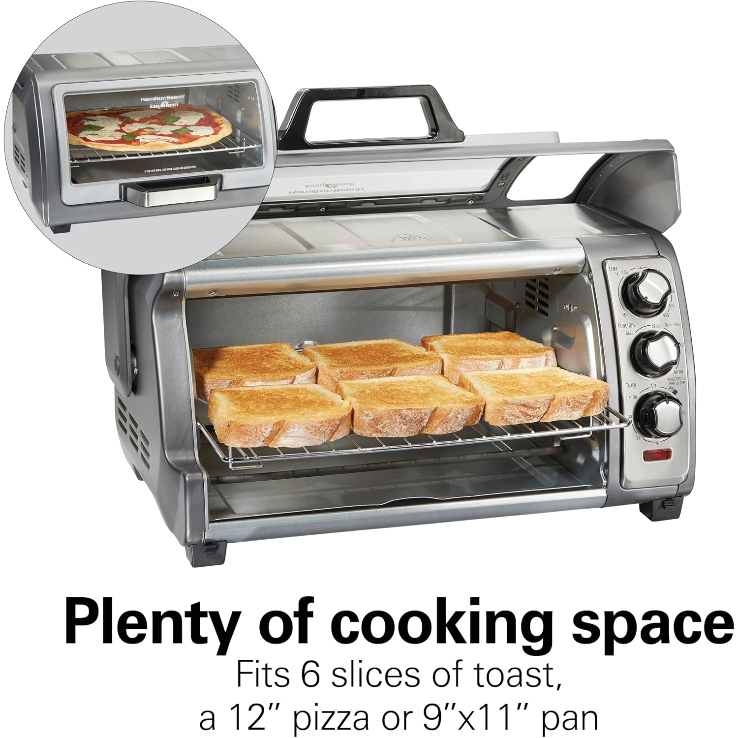 Hamilton Beach Easy Reach 6 Slice Countertop Air Fryer Toaster Oven Combo | Roll-Top Door For Easy Access | Bake, Broil & Toast Functions | 150 To 450ºF Adjustable Temp | Auto Shutoff | Stainless Steel