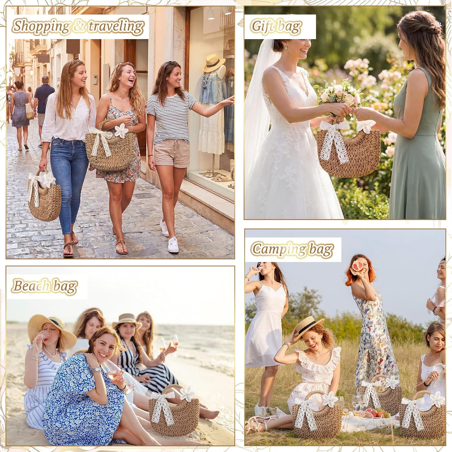 Straw Tote Bags With Flower Hair Clips Bridesmaid Boho Beach Bag Straw Purses Bulk Handmade Rattan Woven Handbags