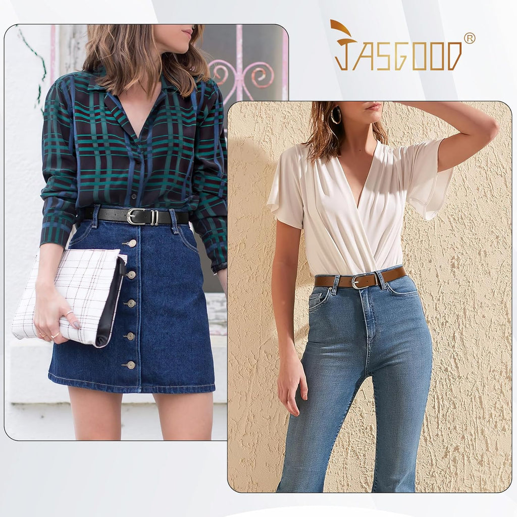 JASGOOD 3 Pack Women Leather Belts For Jeans Dresses Pants Ladies Faux Leather Waist Belt with Gold Buckle