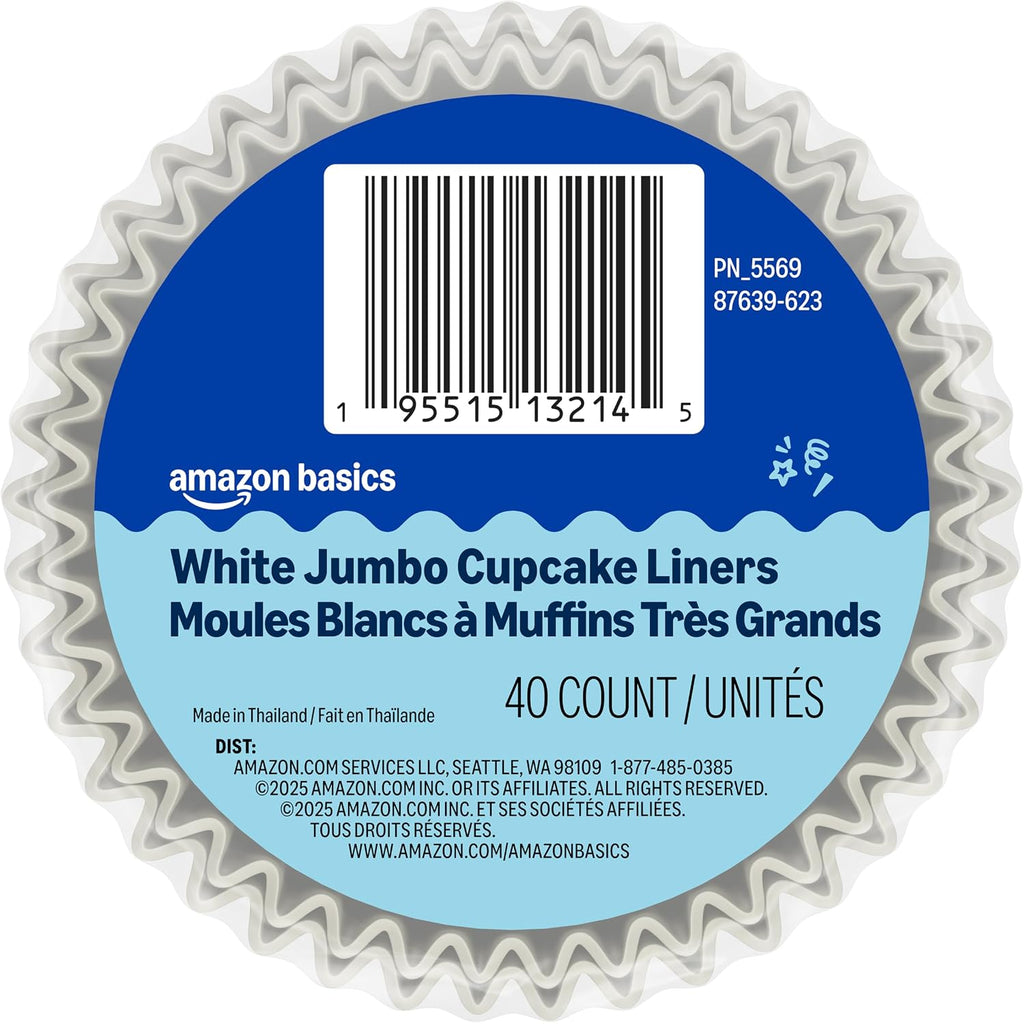 Amazon Basics White Jumbo Cupcake Liners, 40 Count, Pack Of 1