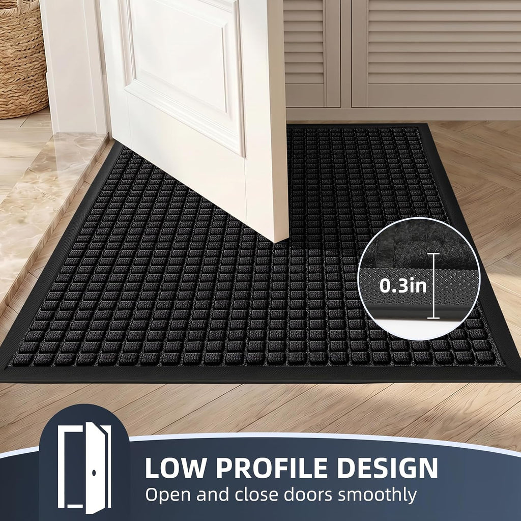 Front Door Mat Outside Entrance, Heavy Duty Waterproof Doormat | 29.5"X17" Indoor/Outdoor Dirt Trapper With Non-Slip Rubber Backing, Low Profile Easy Clean, Stain & Fade Resistant Black