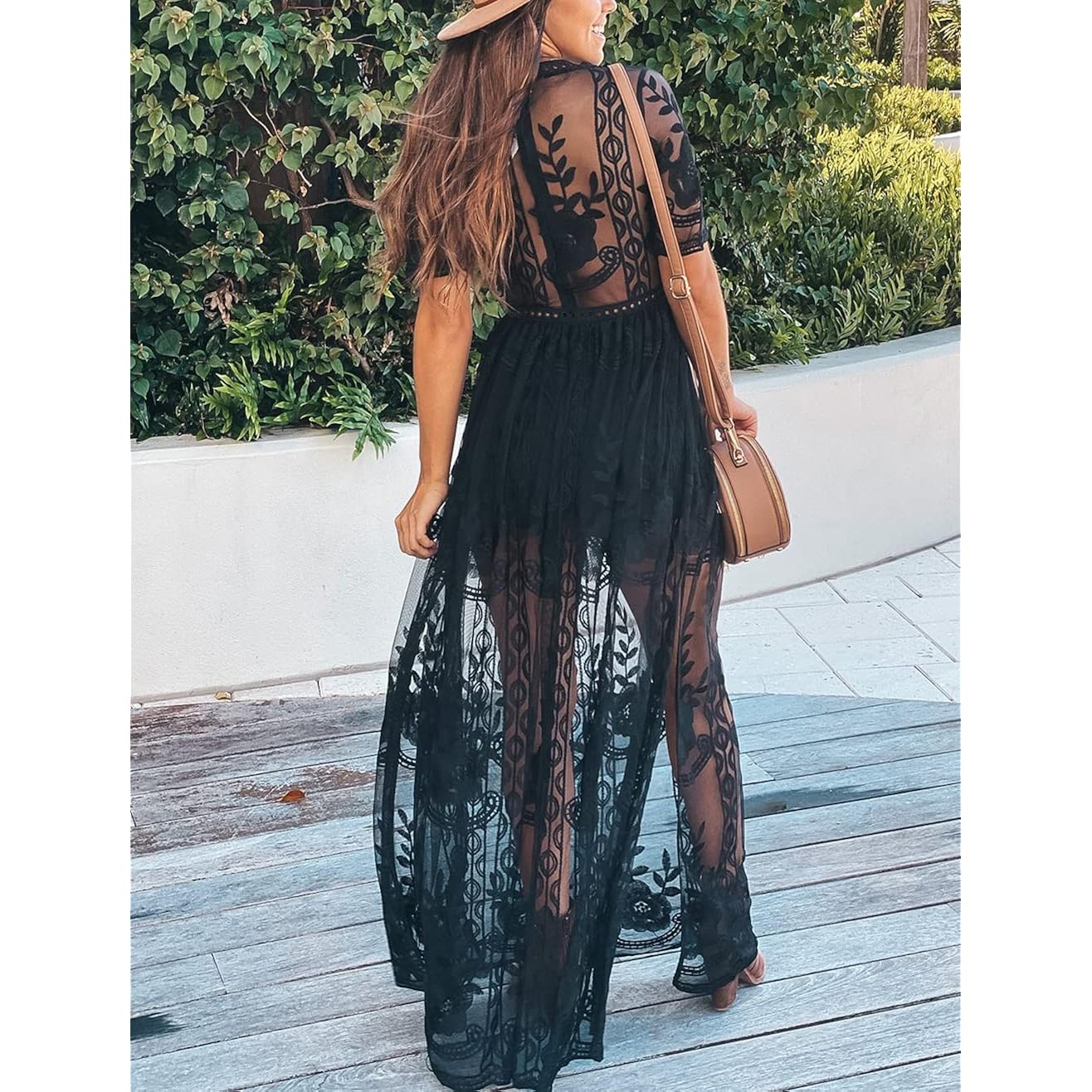Women'S Deep V-Neck Lace Romper Short Sleeve Long Dress