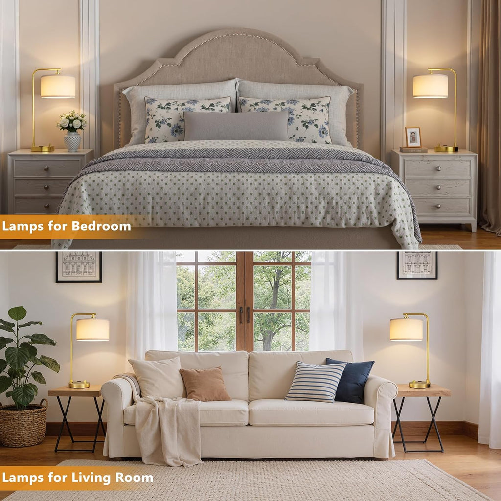 Bedside Table Lamps For Bedroom Set Of 2-Dimmable Nightstand Lamps With Usb Port And Outlet,Modern Gold Lamps With Linen Shade,Tall Desk Lamps For Home Office Bedroom Living Room End Table