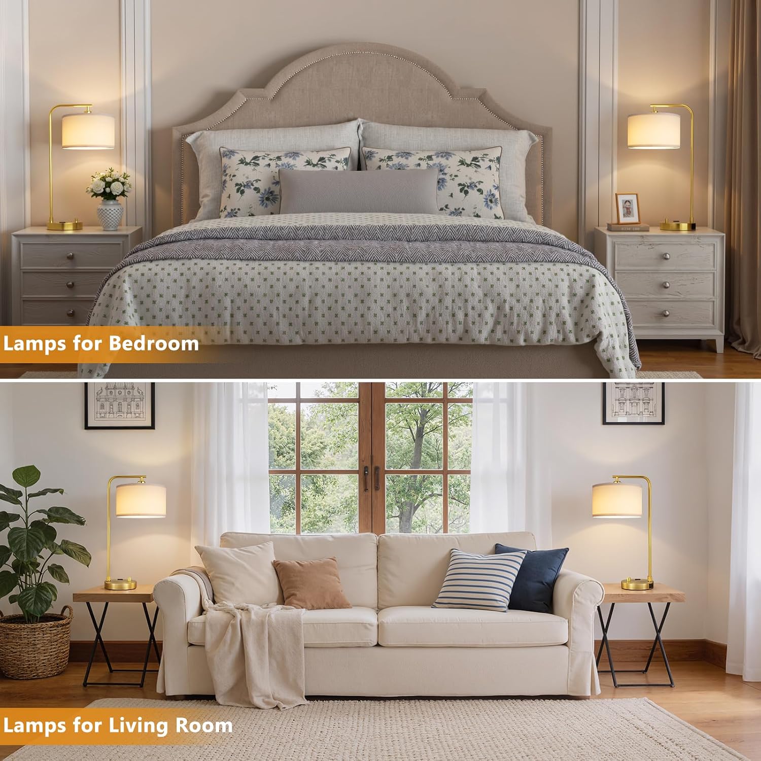 Bedside Table Lamps For Bedroom Set Of 2-Dimmable Nightstand Lamps With Usb Port And Outlet,Modern Gold Lamps With Linen Shade,Tall Desk Lamps For Home Office Bedroom Living Room End Table