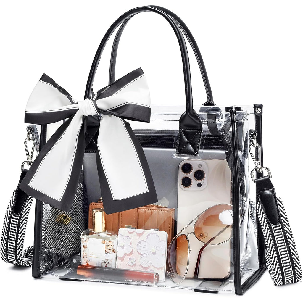 Clear Tote Bag Stadium Events Transparent Clear Purse for Women Thick PVC Shoulder Bag with Guitar Strap for Concert