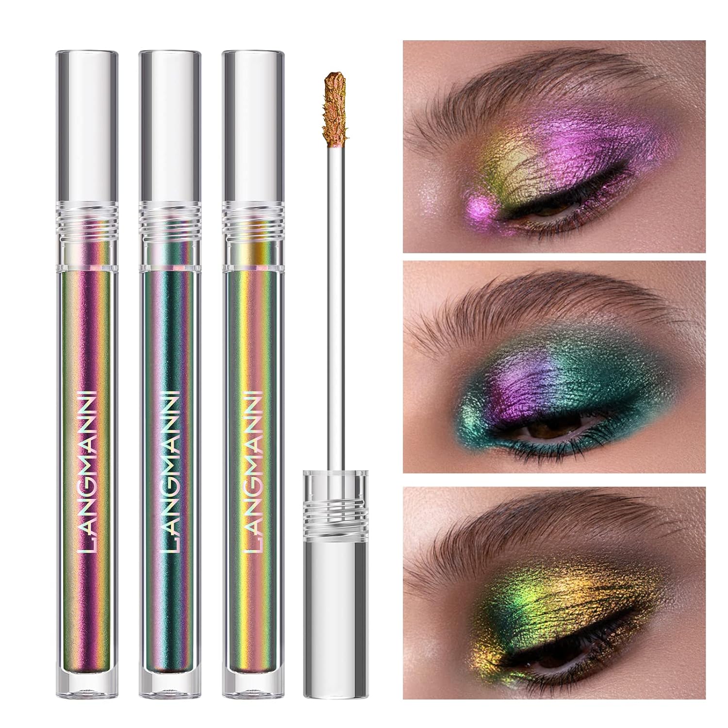 Metallic Liquid Chameleon Eyeshadow, Multi-Dimensional Eye Looks, Long-lasting Holographic Glitter Multichrome Eyeshadows Makeup (#Peacock+Wonder+Ember)