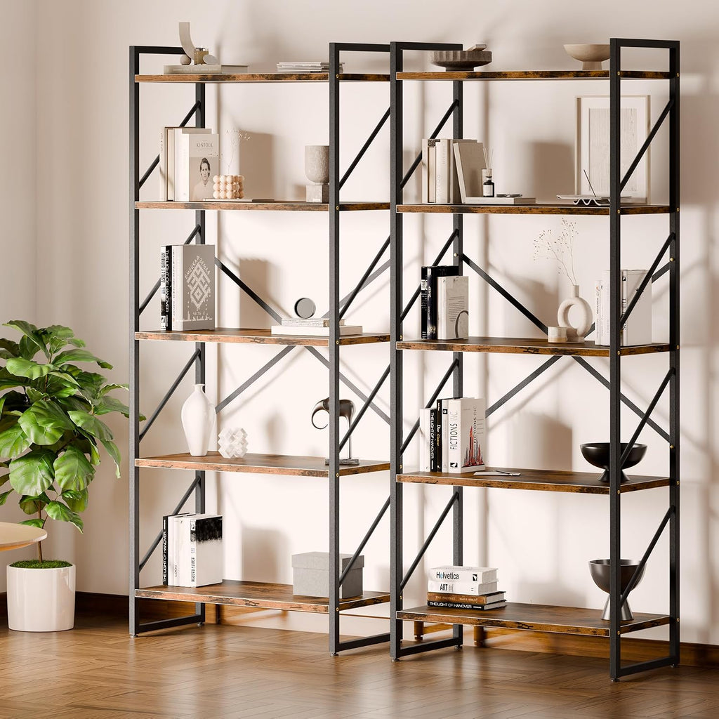 Shintenchi 5 Tiers Bookshelf, Classically Tall Bookcase Shelf, Industrial Book Rack, Modern Book Holder In Bedroom/Living Room/Home/Office, Storage Rack Shelves For Books/Movies-Rustic Brown