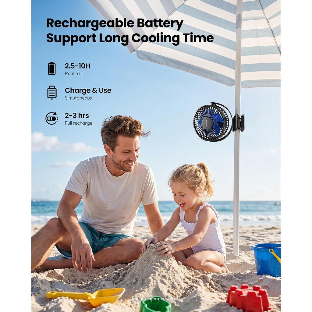 Gaiatop Portable Clip On Fan, Mini Personal Rechargeable Fan Black Blue | Battery Operated, Small 3 Speed Quiet 360° Rotate, Cooling For Desk Table Home Office Stroller Camping Women Gifts
