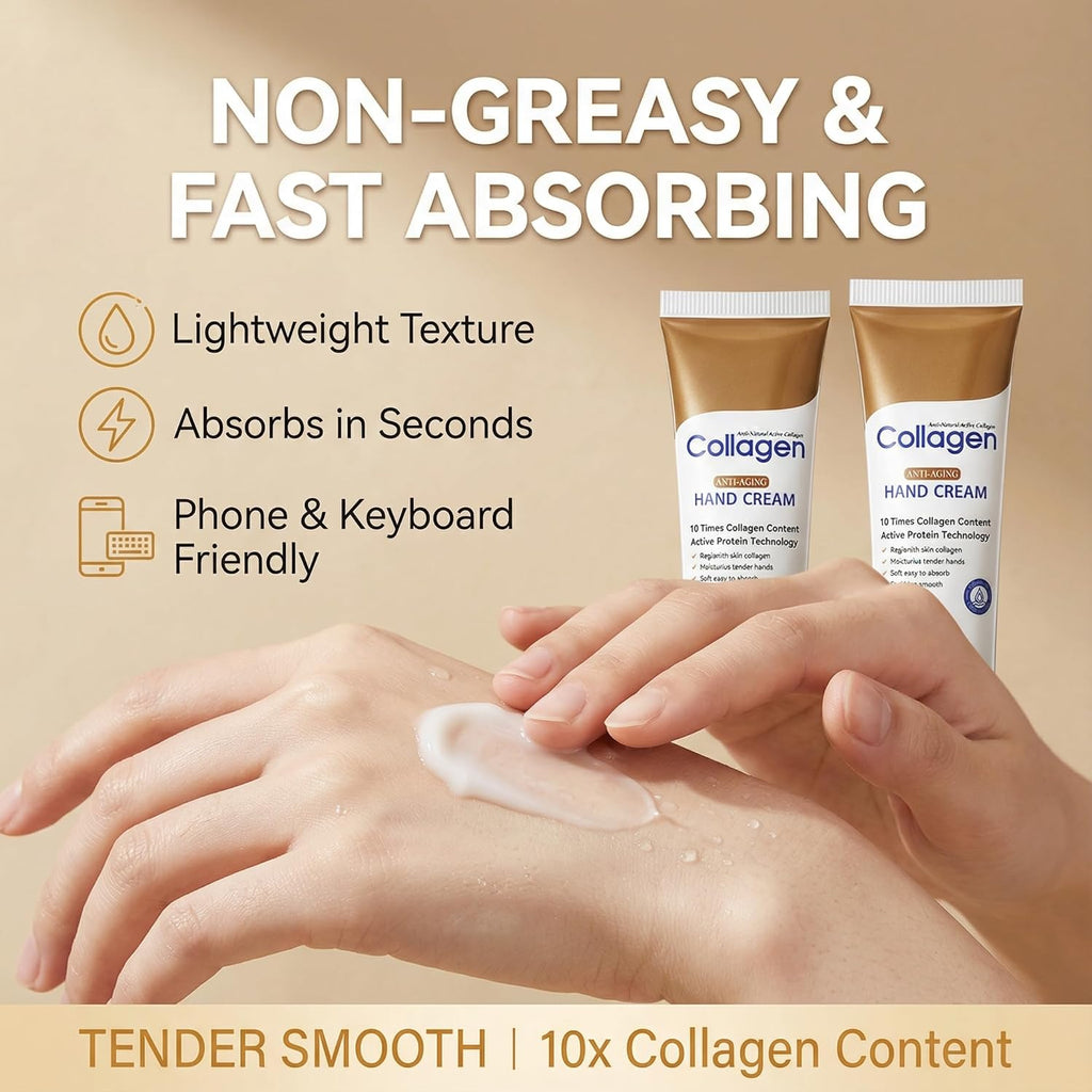 Collagen Hand Cream for Dry Cracked Hands, Anti-Aging & Firming Lotion with 10x Active Protein, Intensive Moisturizing Repair for Rough Skin & Fine Lines, Non-Greasy & Fast Absorbing, 2 PCS