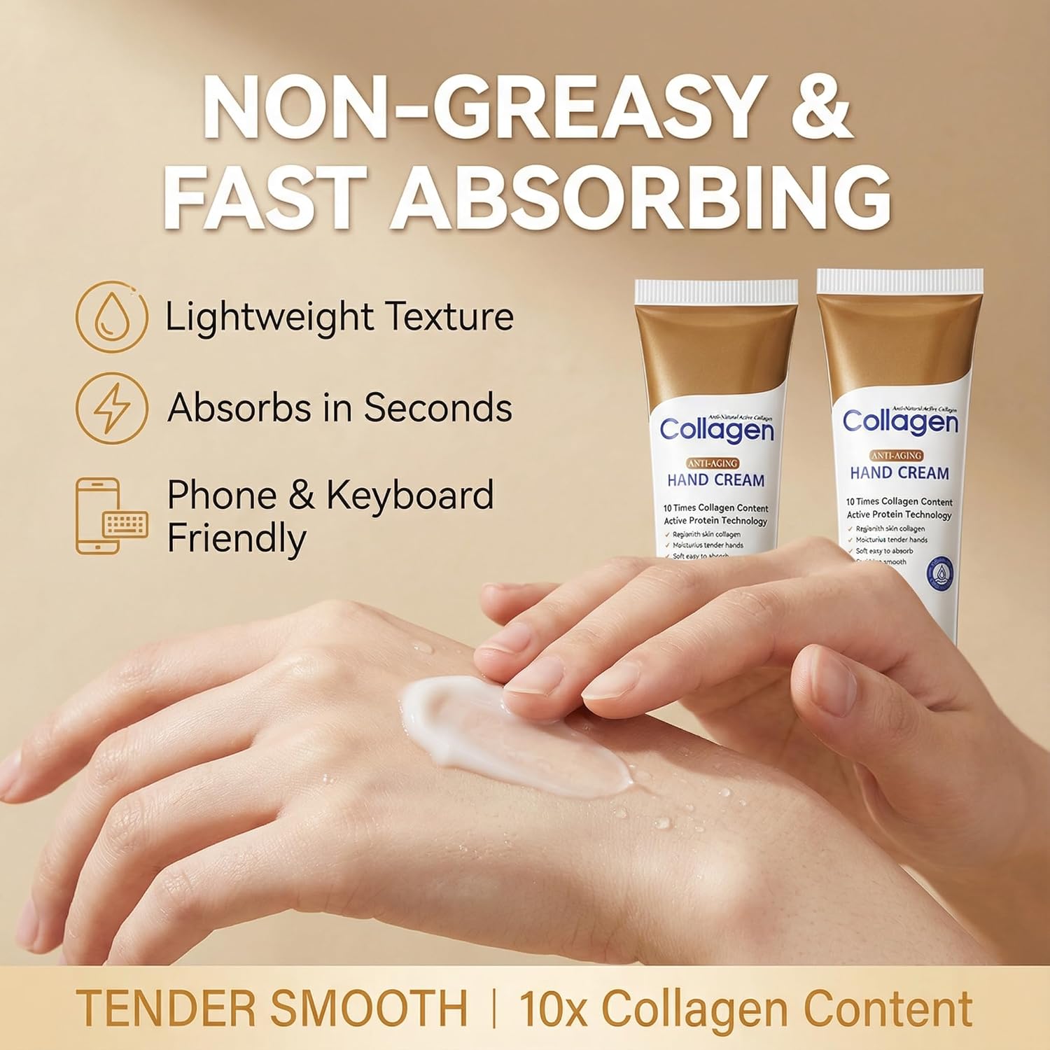 Collagen Hand Cream for Dry Cracked Hands, Anti-Aging & Firming Lotion with 10x Active Protein, Intensive Moisturizing Repair for Rough Skin & Fine Lines, Non-Greasy & Fast Absorbing, 2 PCS