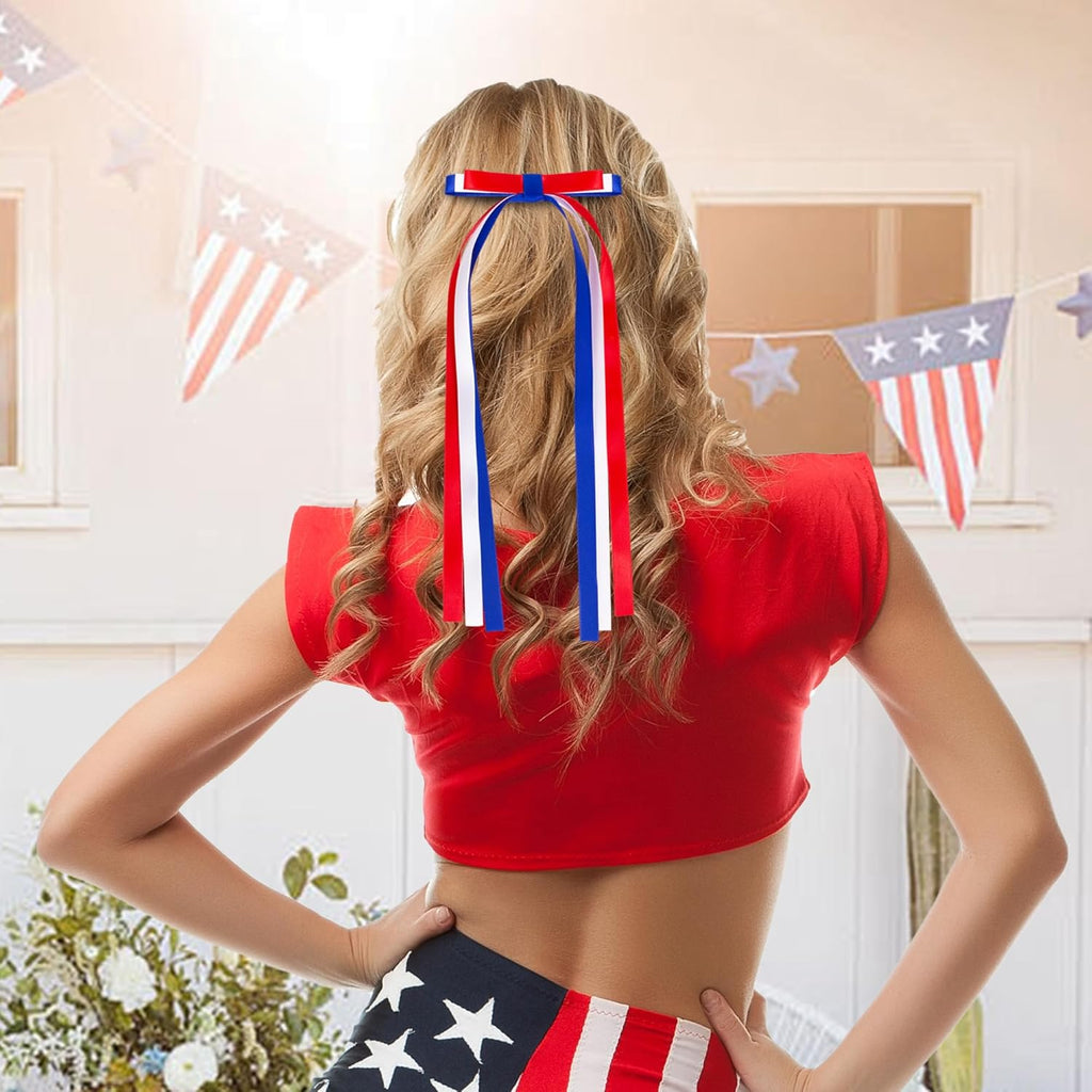 4th of July Hair Bow Clips, 2 Pack Red White Blue Long Tail Ribbon Hair Bows, Patriotic Hair Accessories for 250th America Independence Day, Parade & Fireworks Party Supplies
