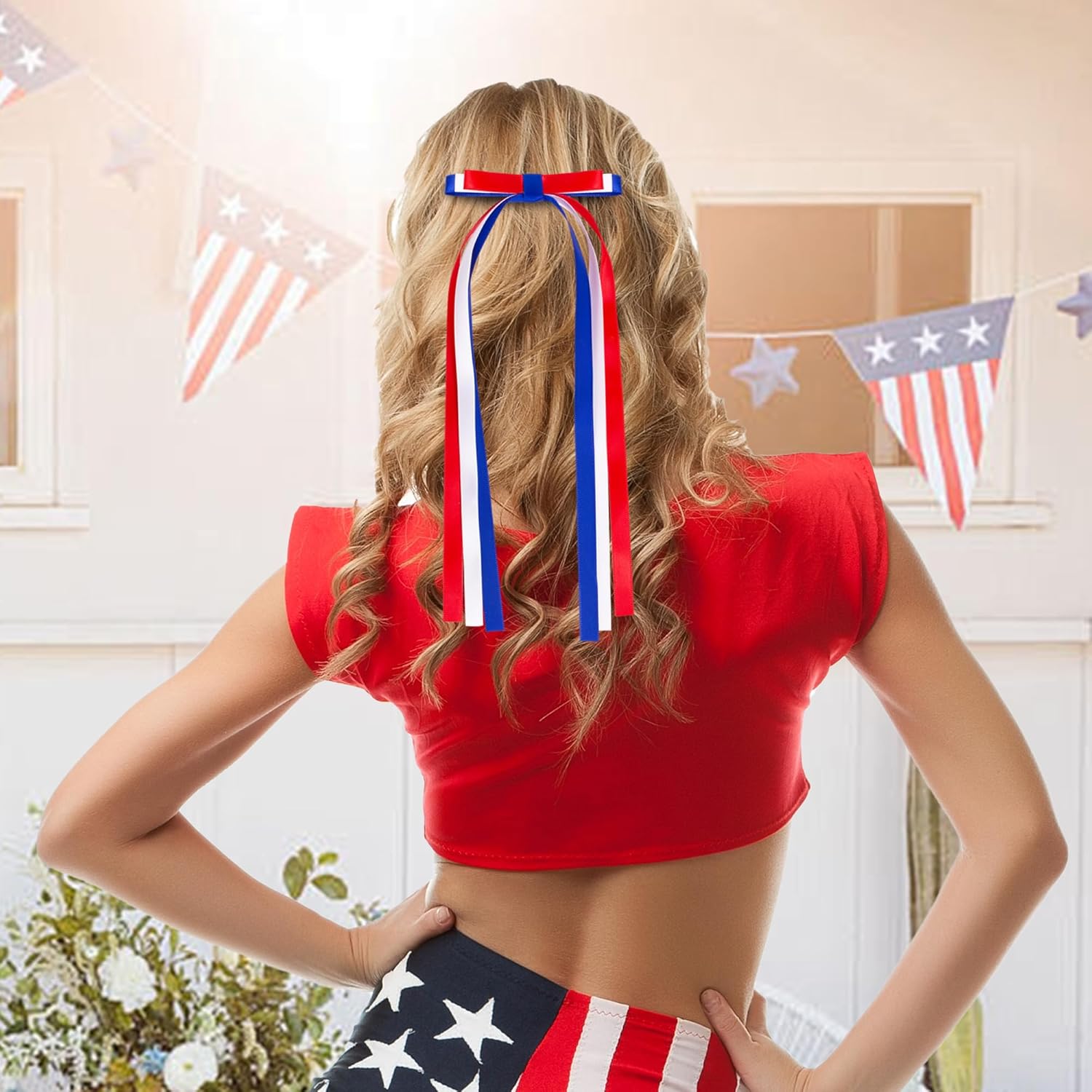 4th of July Hair Bow Clips, 2 Pack Red White Blue Long Tail Ribbon Hair Bows, Patriotic Hair Accessories for 250th America Independence Day, Parade & Fireworks Party Supplies