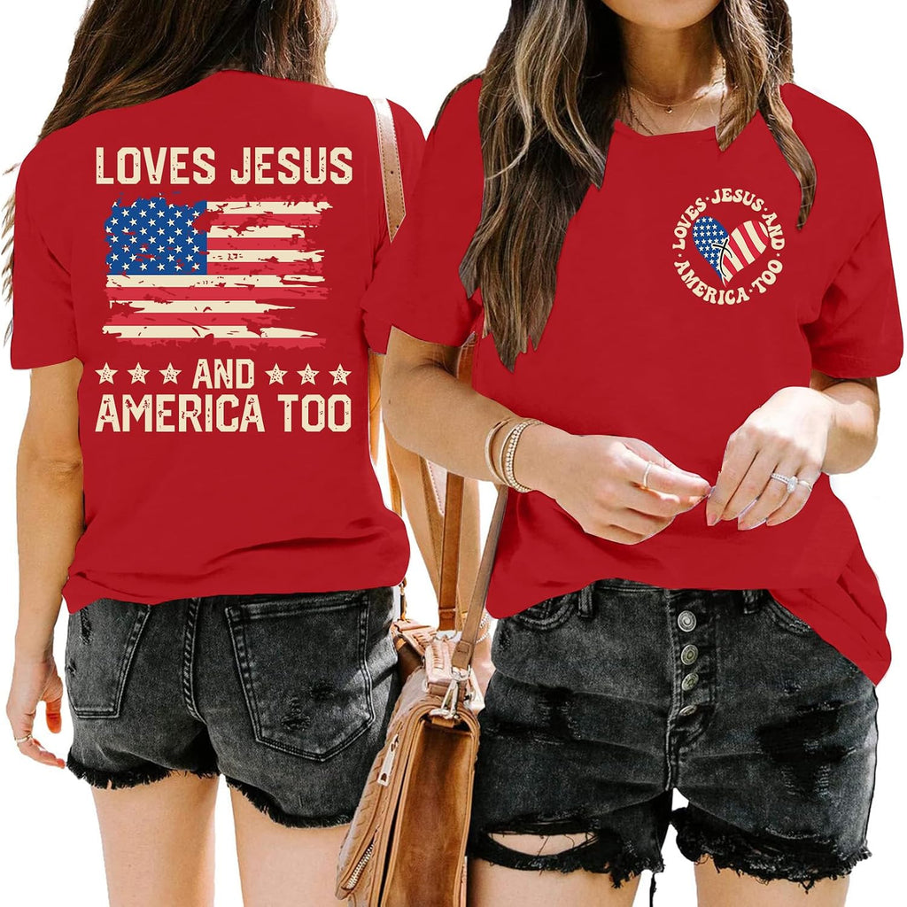 American Flag Shirts for Women: 250th Anniversary Tshirts She Loves Jesus and America Too Tee Tops