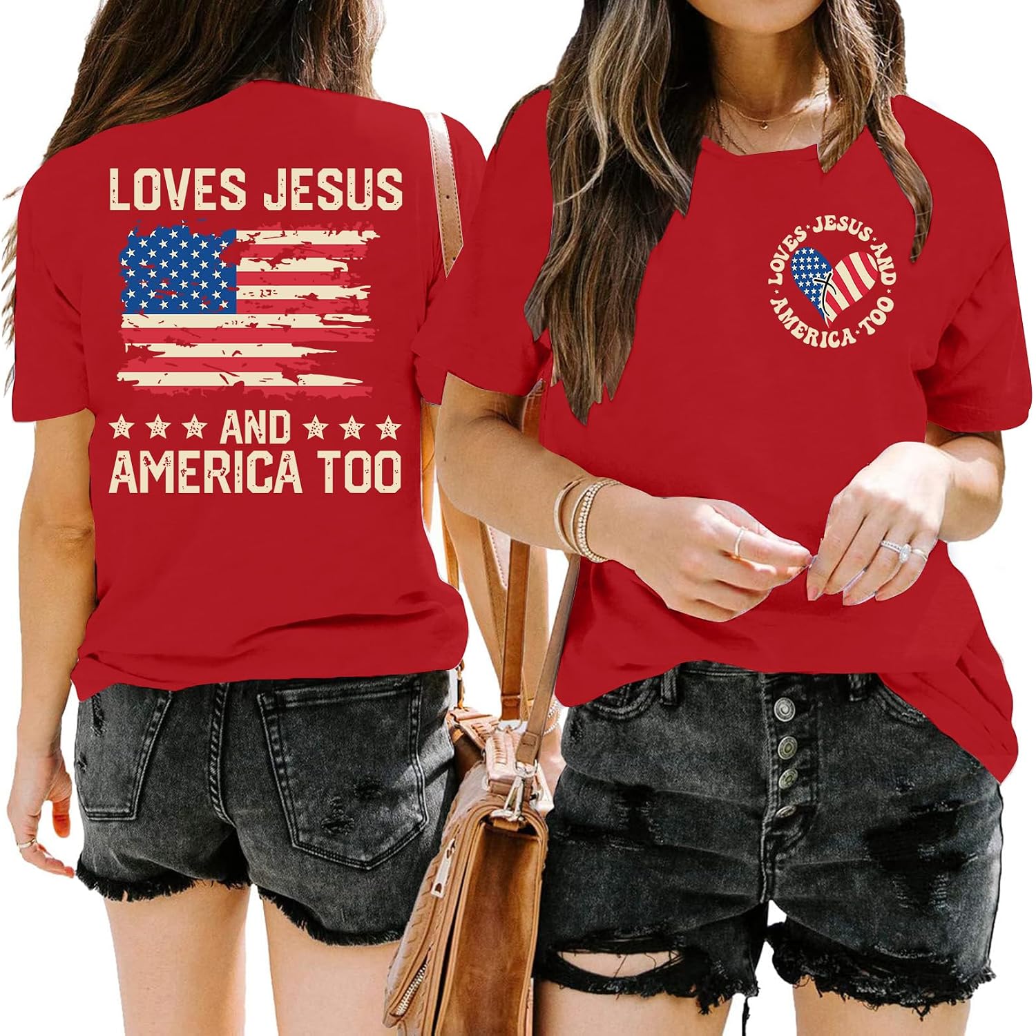 American Flag Shirts for Women: 250th Anniversary Tshirts She Loves Jesus and America Too Tee Tops