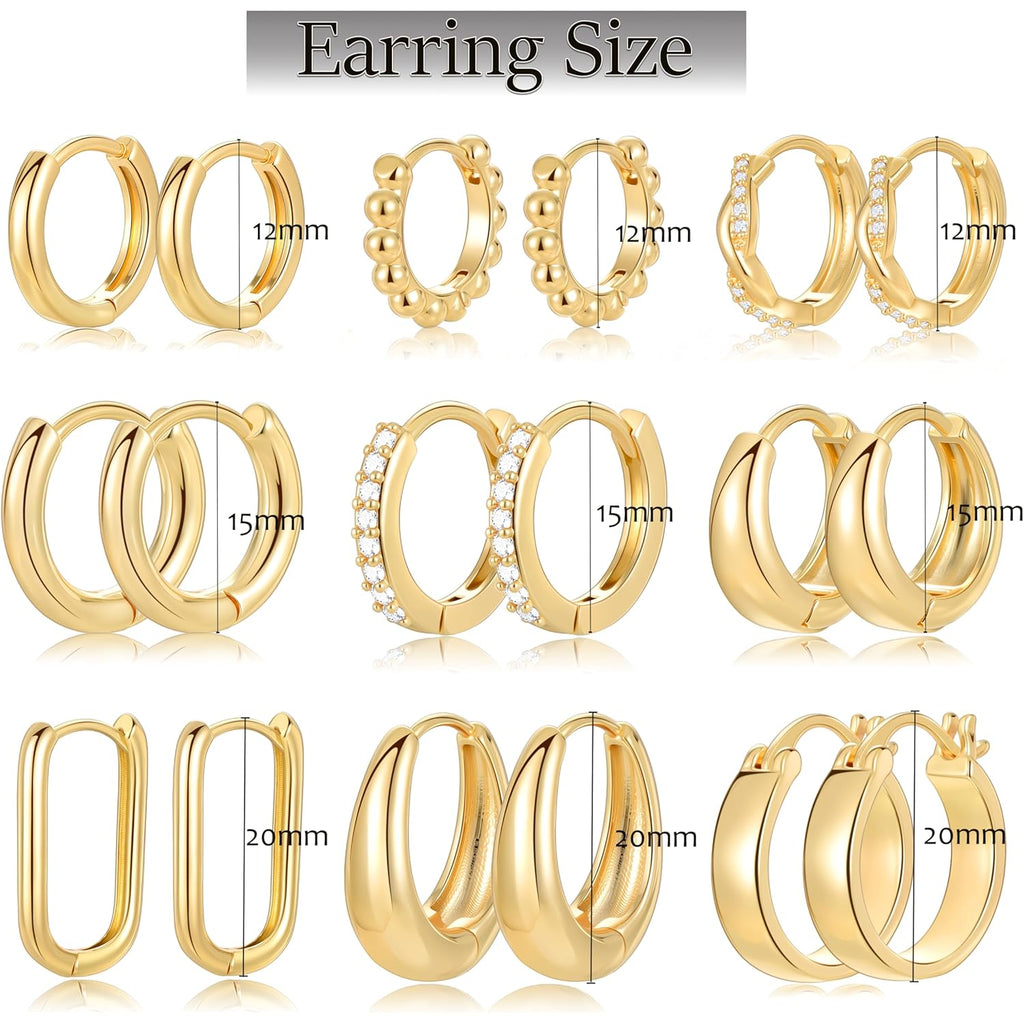 9 Pairs Small Gold/Silver Hoop Huggie Earrings Set for Women, 14K Gold Plated Chunky Hoop Small Earring Hypoallergenic Thick Open Lightweight Chunky Hoop Earrings Jewelry for Gifts