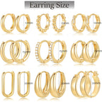 9 Pairs Small Gold/Silver Hoop Huggie Earrings Set for Women, 14K Gold Plated Chunky Hoop Small Earring Hypoallergenic Thick Open Lightweight Chunky Hoop Earrings Jewelry for Gifts