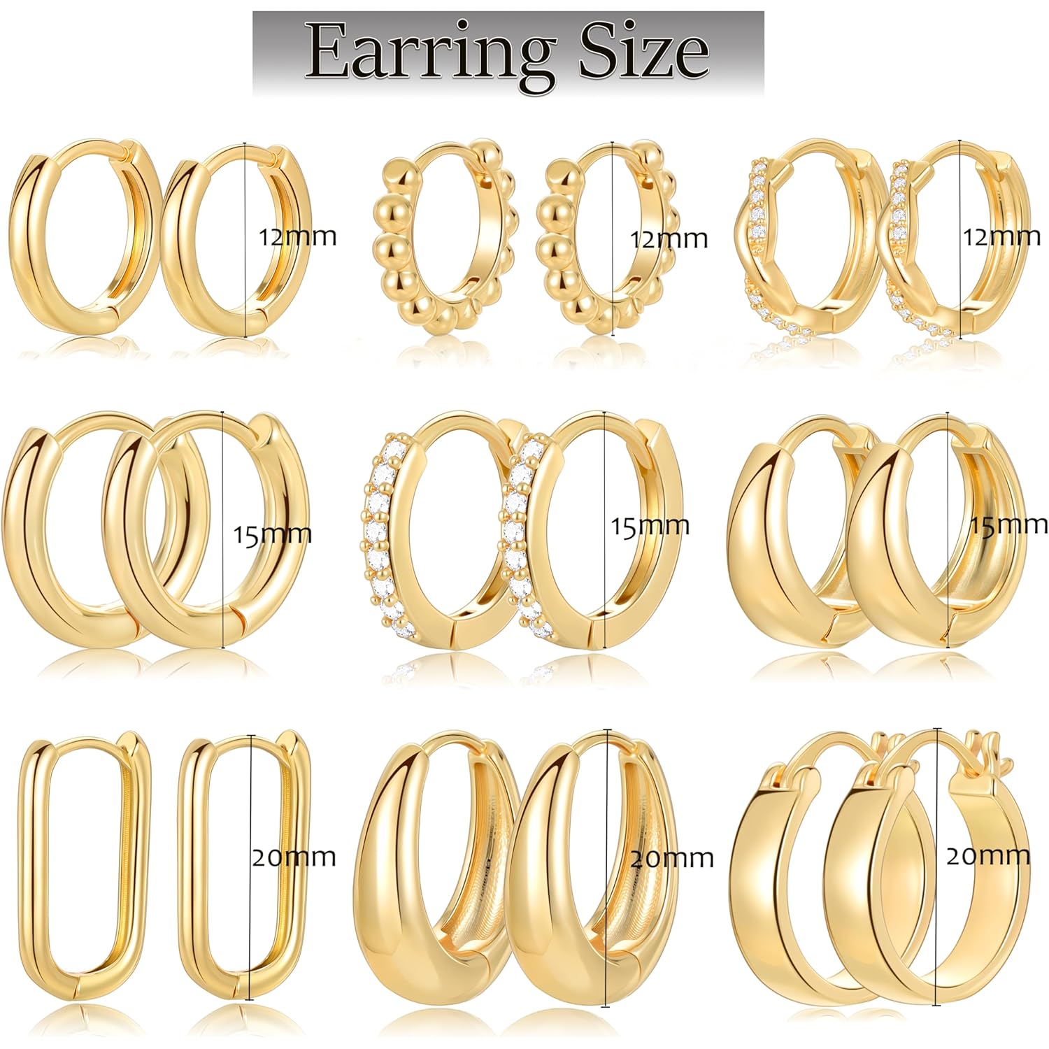 9 Pairs Small Gold/Silver Hoop Huggie Earrings Set for Women, 14K Gold Plated Chunky Hoop Small Earring Hypoallergenic Thick Open Lightweight Chunky Hoop Earrings Jewelry for Gifts