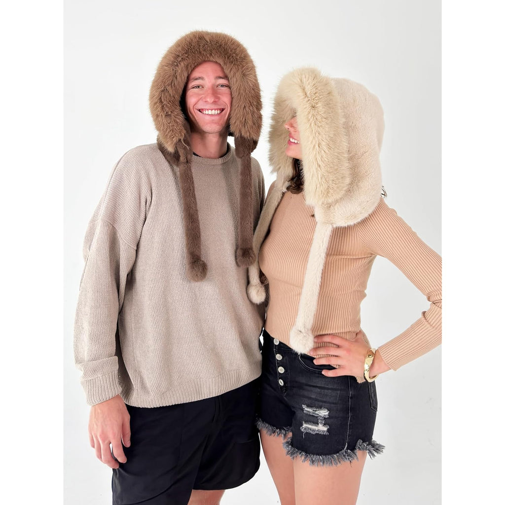 CATCHY & CRAFTY Faux Fur Hooded Winter Hats for Women Warm Fluffy Trapper Hats Head Ear Neck Cover Cold Weather Ski Cap