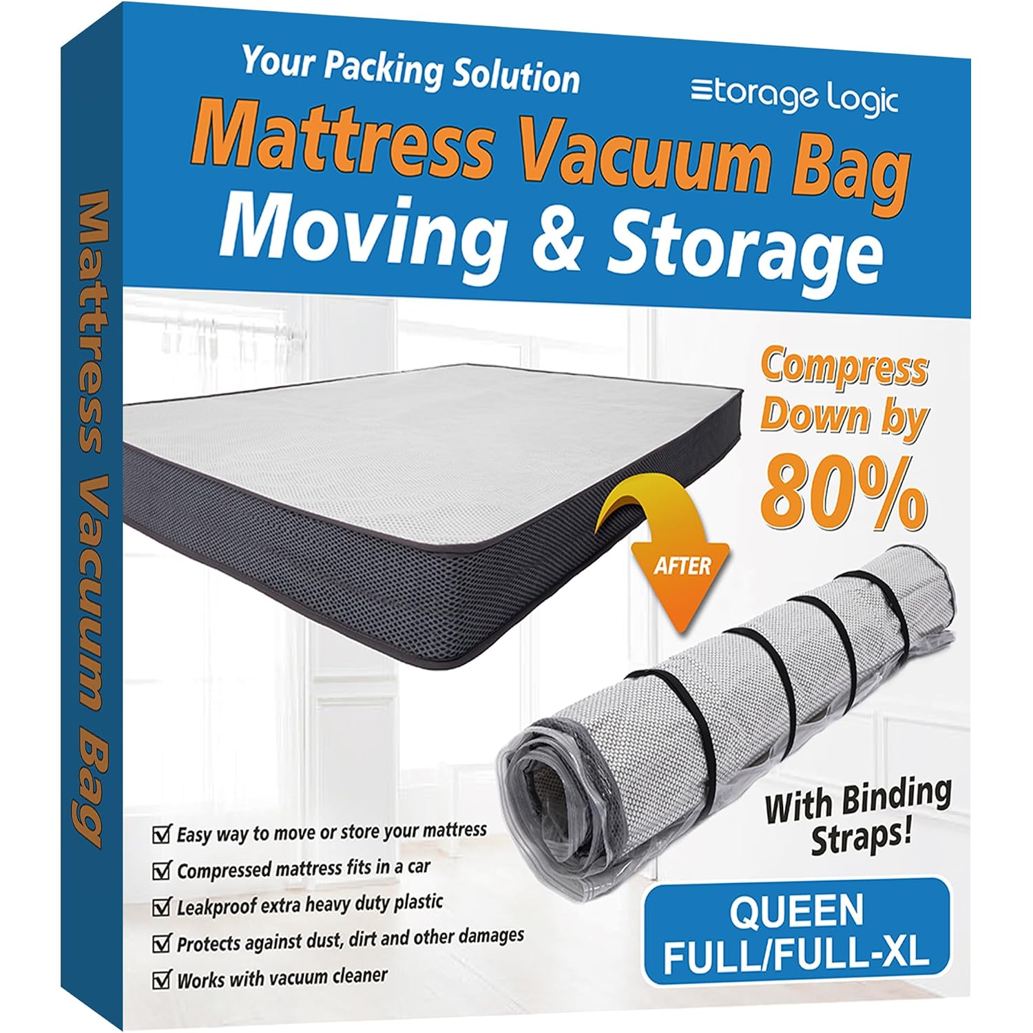 Foam Mattress Vacuum Bag With 4 Adjustable Packing Straps For Moving, Storage, Shipping, Vacuum Seal Mattress Bag With Packaging Straps (Queen/Full/Full-Xl)