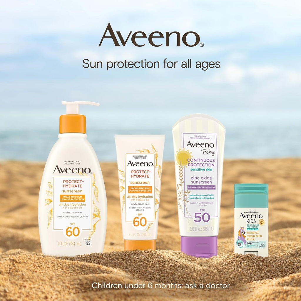 Aveeno Baby Continuous Protection Zinc Oxide Spf 50 Sunscreen For Babies With Sensitive Skin, Broad Spectrum Sun Protection, Tear-Free, Sweat- & Water-Resistant, No Added Parabens, 3 Fl Oz