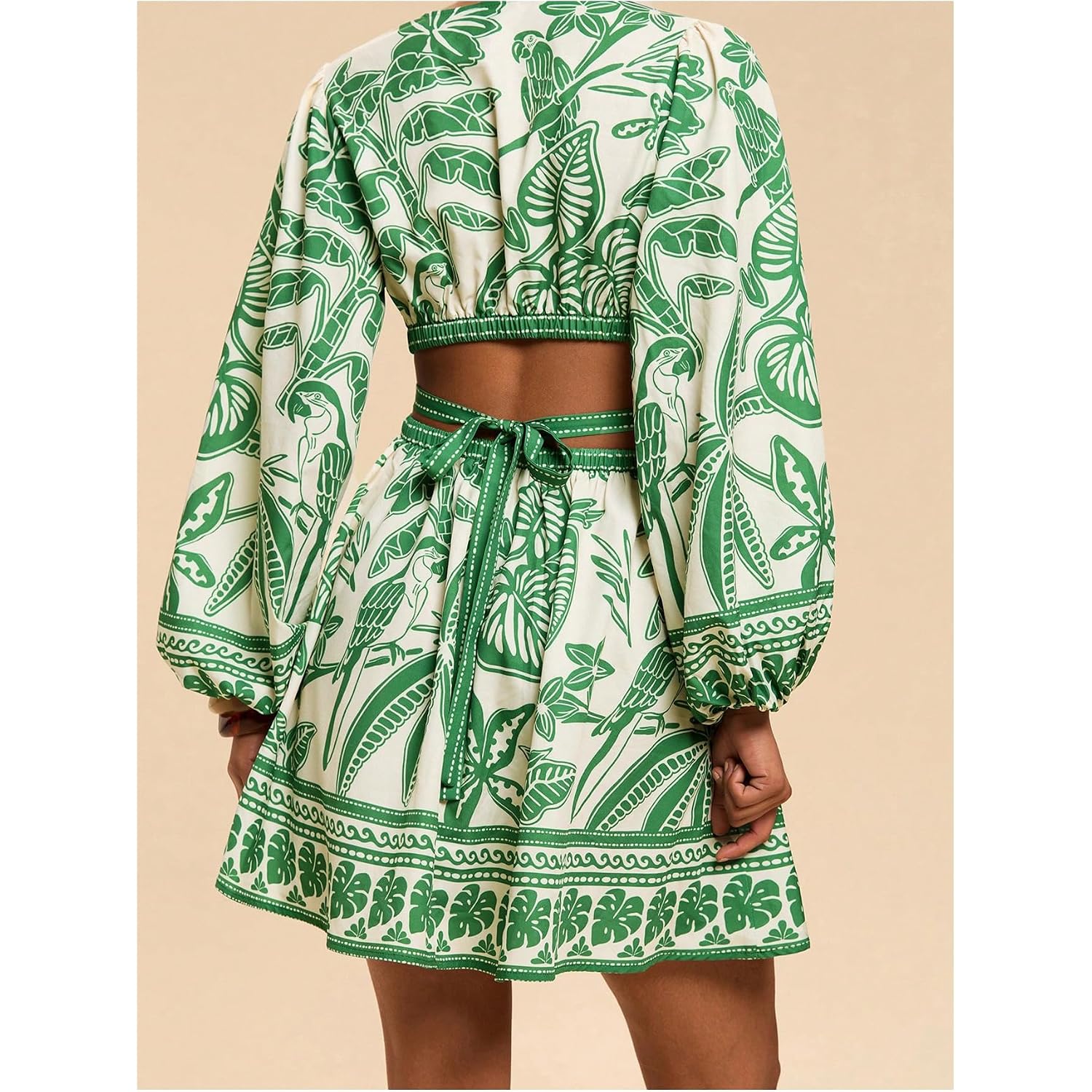 Floerns Women'S Tropical Bishop Sleeve Mini Dress Cut Out Tie Back V Neck Beach A Line Dresses