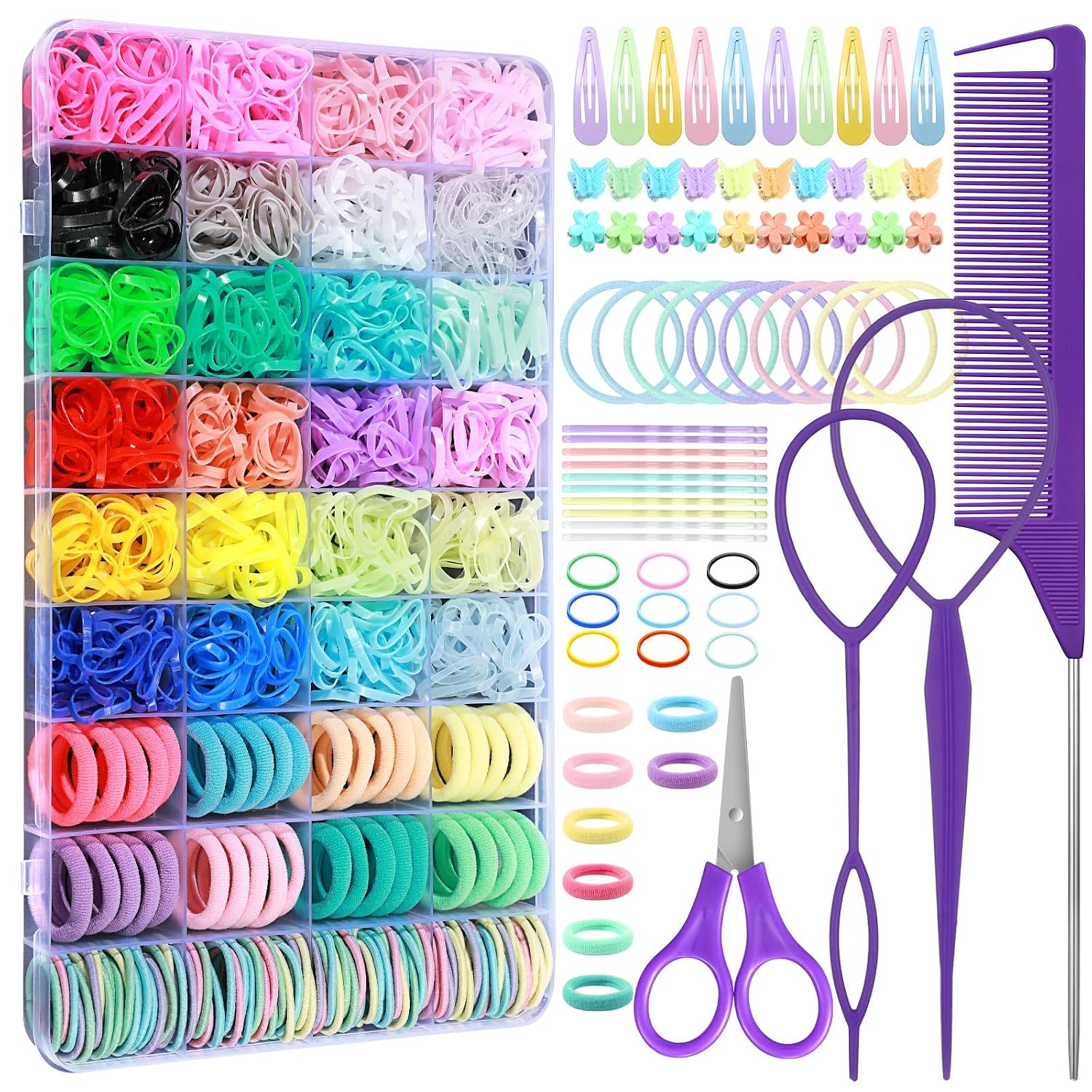 Auroray Hair Accessories For Girls, 1784 Pcs Elastic Ties Set 24 Color Rubber Bands With Organizer Box Cotton Baby Ties Styling Tool Set Clips Elastic Cutter Scissor