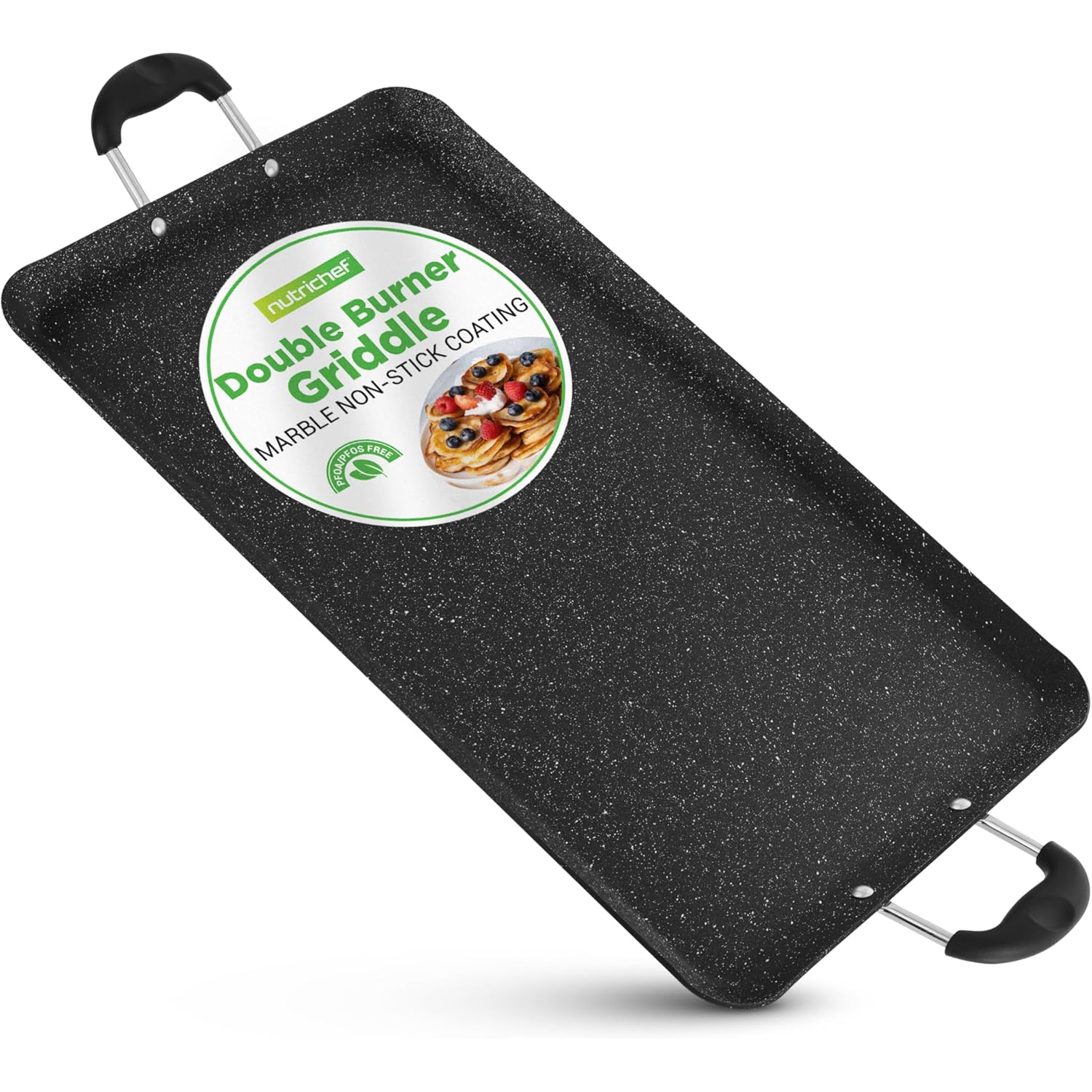 Nutrichef Double Burner Griddle, Non-Stick Stove Top Griddle for Gas Stove, Dishwasher Safe, Heatproof Bakelite Handles, Even Heat Distribution, PFOA & PFOS Free, 20” x 12” x 0.8” Inch (Black)