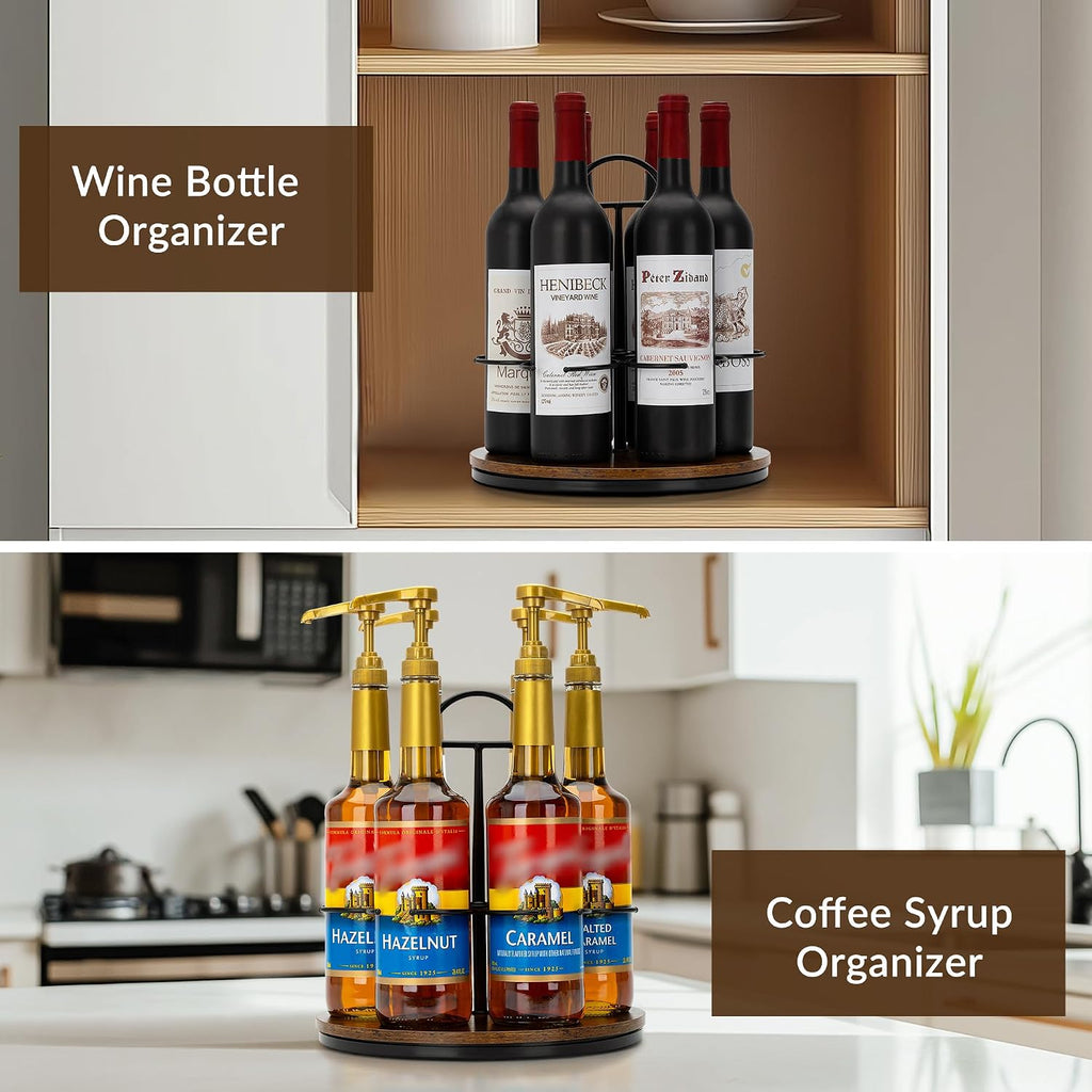 Rotating Coffee Syrup Organizer Hold 6 Bottles, Wood Coffee Syrup Rack For Countertop, Large Bottle Holder Stand For Bar Station, Turntable Wine Display Tray (Black - 6 Bottles)