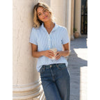 Funlingo Women'S Striped Button Down Shirts Summer Short Sleeve Tops Ruffle Collar Work Blouses Business Casual Outfits