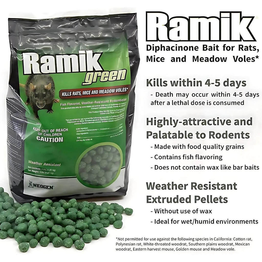 Neogen Ramik Green Fish Flavored Weather Resistant Rodenticide Nuggets, 4 Lb Bag (00615)