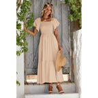 Mascomoda Womens Summer Casual Midi Dress Square Neck Ruffle Short Sleeve Smocked High Waist A Line Wedding Guest Dresses