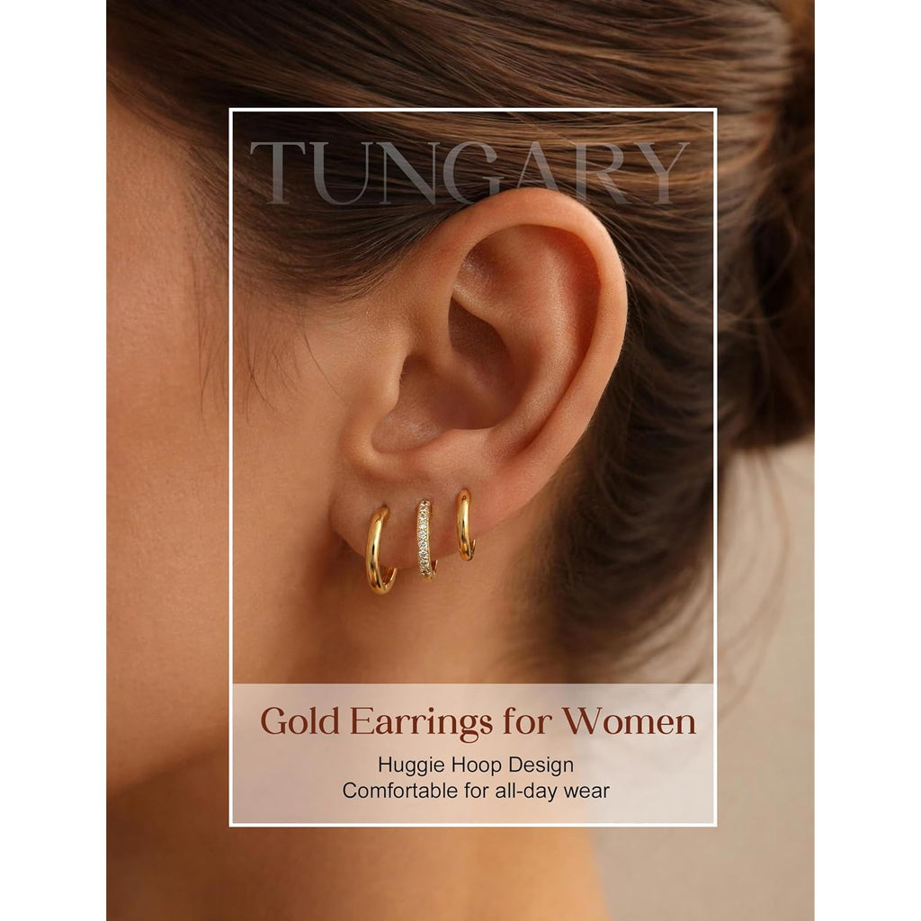 Tungary Small Gold Hoop Earrings for Women, Hypoallergenic Huggie Earrings for Sensitive Ears, Non Tarnish 14K Gold Plated Hoops for Sleeping/Daily, Cartilage Earring Stacks Set for Multiple Piercing